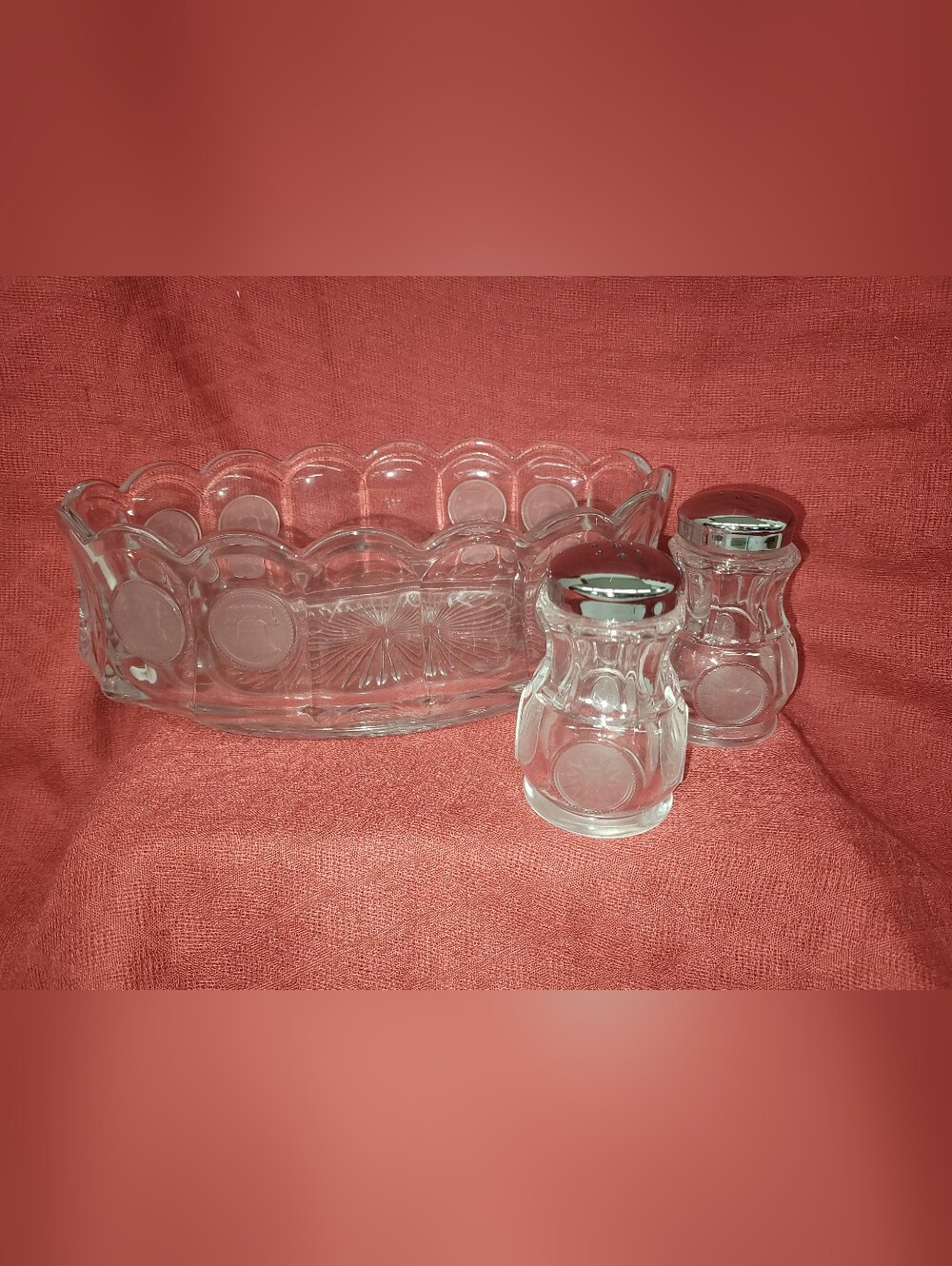 Fostoria Coin Glass Oval Bowl with Salt Pepper Shakers
